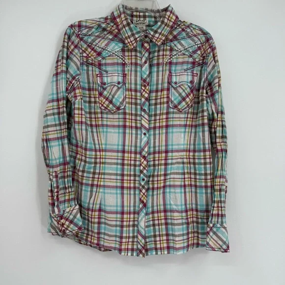 Ariat Women's Long Sleeve Top Plaid Pearl Snap Shirt Size XL Sequins Western - Picture 10 of 10